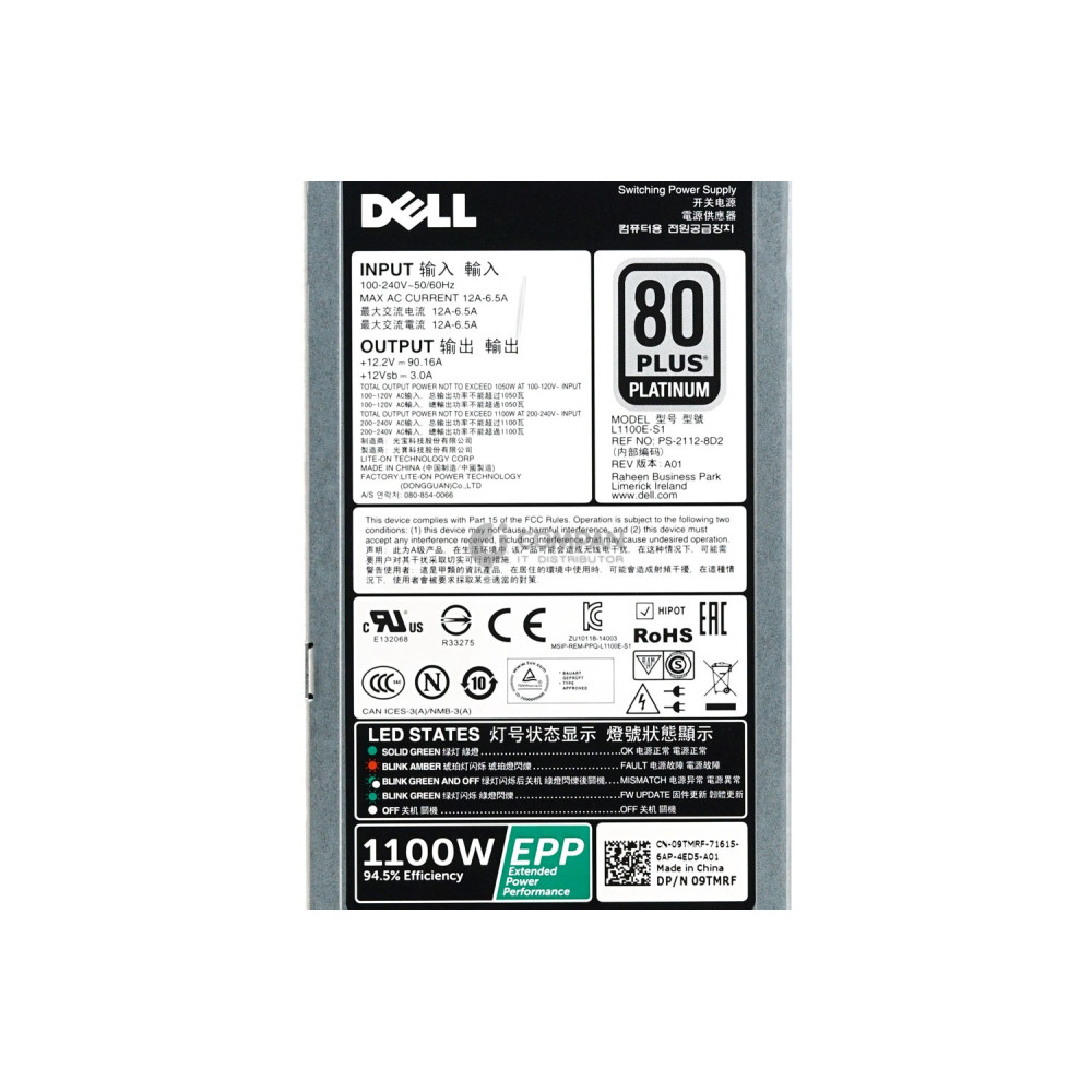 9TMRF DELL 1100W POWER SUPPLY 80+ PLATINUM FOR POWEREDGE R & T SERIES